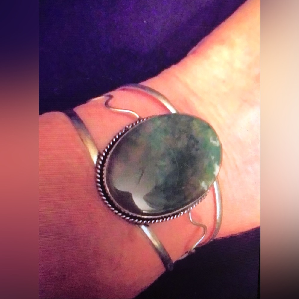 Moss Agate Stamped 925 Sterling Silver Cuff Bracelet